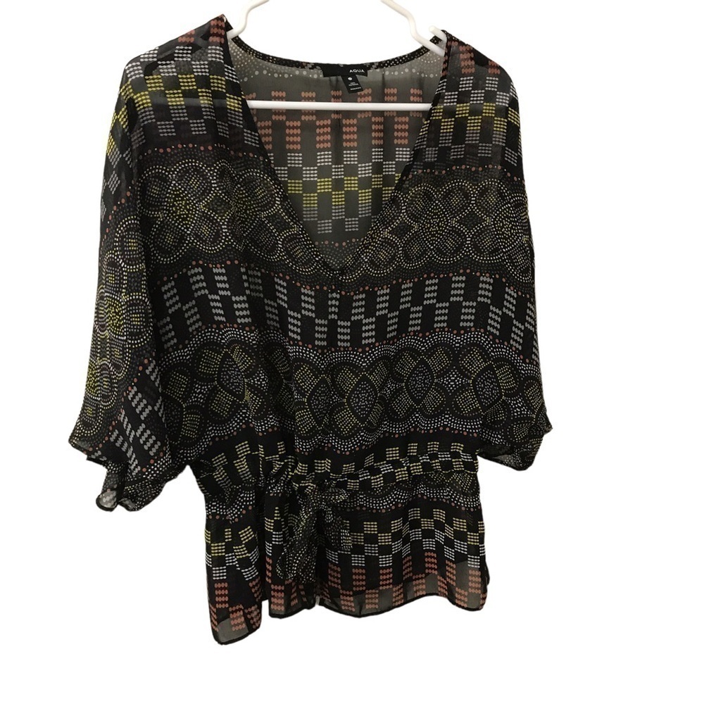 3/$15 Aqua abstract print black sheet peplum kimono sleeve top size Medium